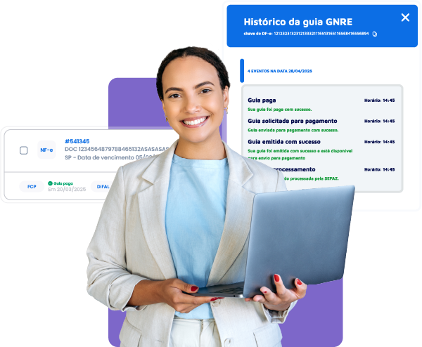 Arte com o o pop up histórico da guia do Smart Online, junto com uma mulher feliz com um notebook na mão